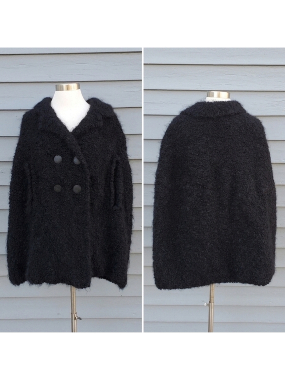 Vintage 80s Retro Faux Mongolian Persian Lamb Black Fur Cape O/S